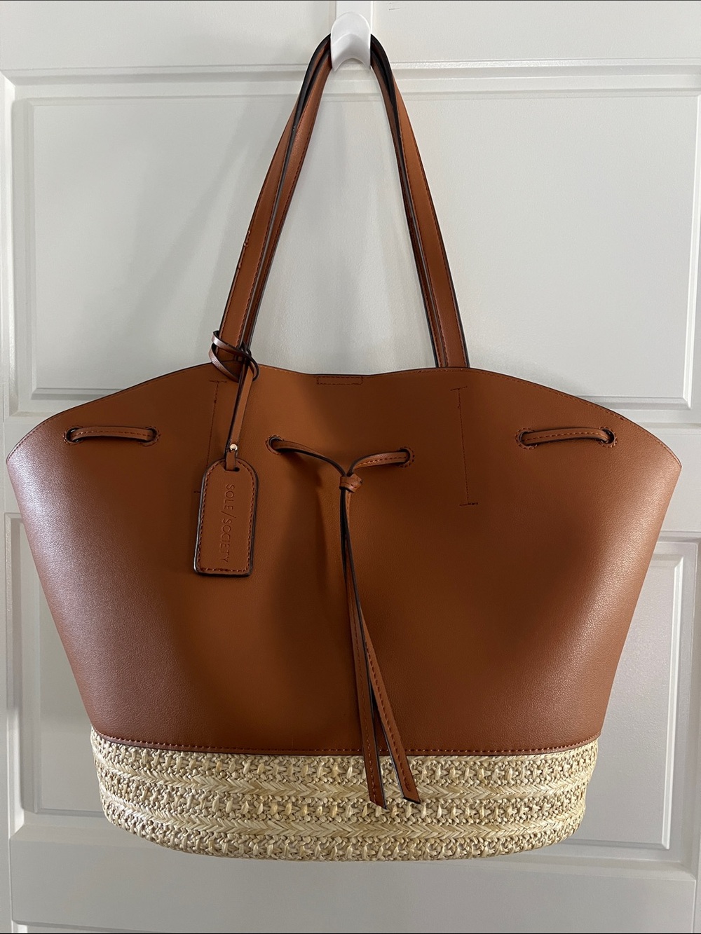 Sole Society Tan Leather-Trim Straw Tote